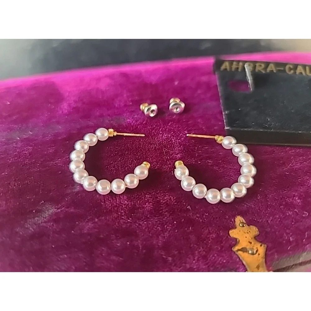AHBRA-CALE Faux Pearl Beaded Hoop Pierced Earrings NOS